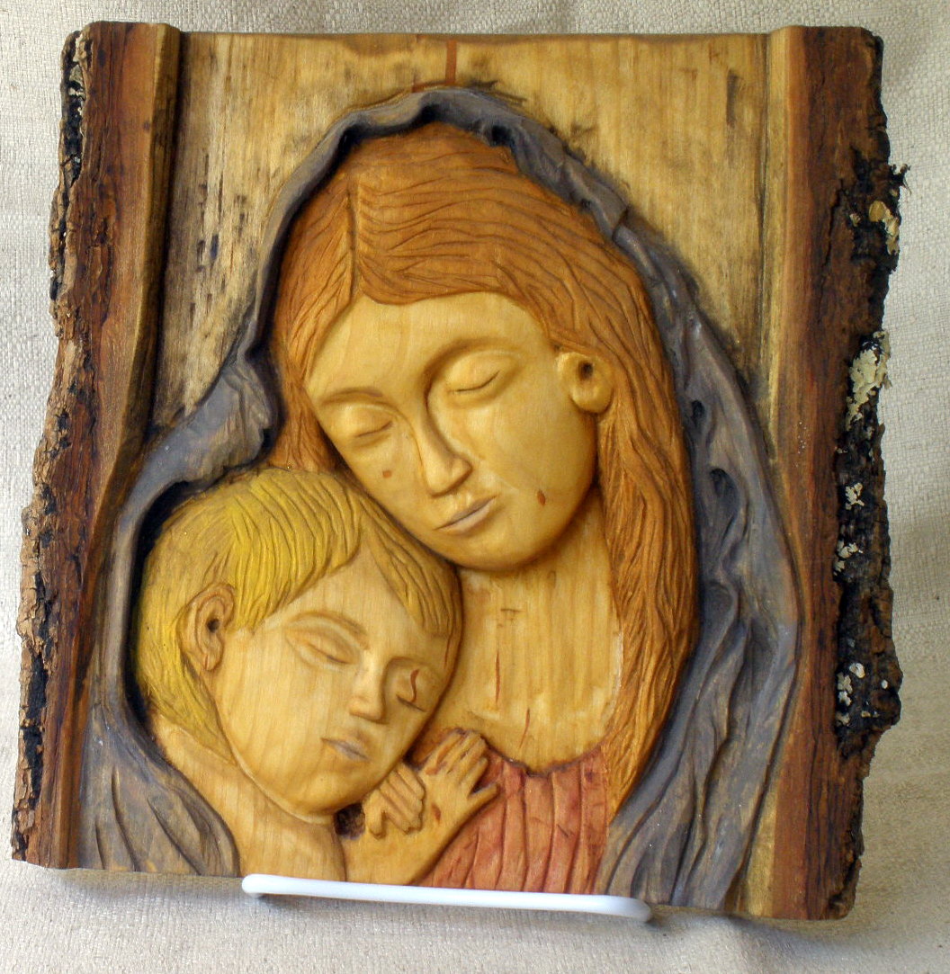 Madonna and Child relief wood carving